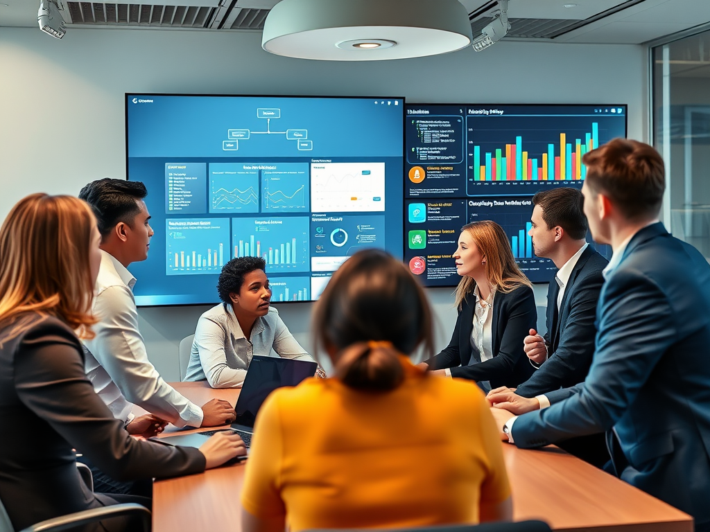 Diverse group of business professionals in a collaborative meeting, discussing strategy with digital displays showing organizational charts and talent analytics