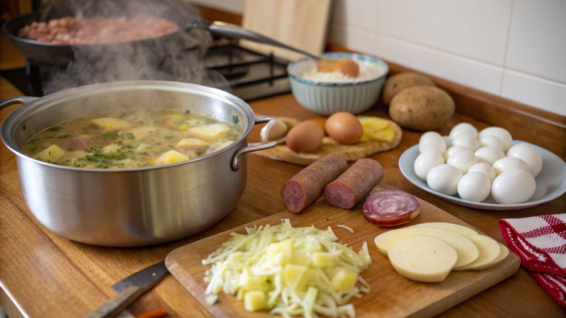 Simmering zurek broth with vegetables and meat
