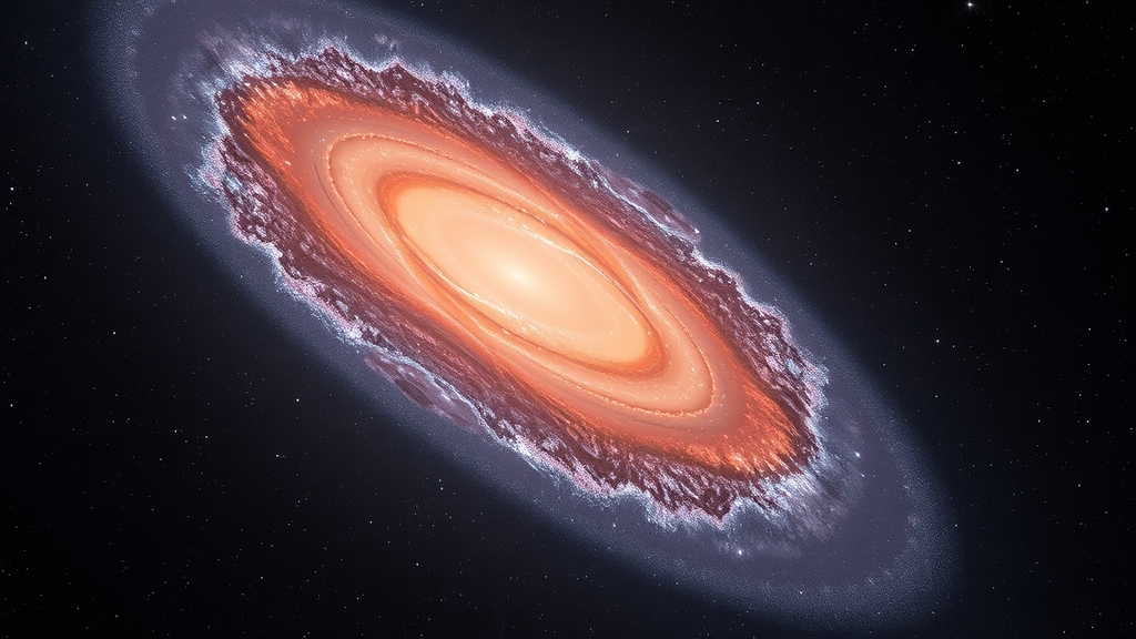 تصویری واقعی و الهام‌بخش از یک کهکشان دوردست و اولیه که توسط تلسکوپ جیمز وب دیده شده است، با نمایش رنگ قرمز منحصر به فرد و ساختار فشرده آن. تصویر باید حس زمان عمیق و رمز و راز کیهانی را برانگیزد.