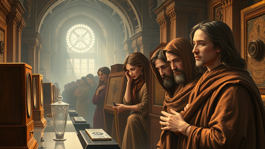 빈티지 오디오를 경험하는 사람들이 그려낸 상징적이고 종교적인 장면