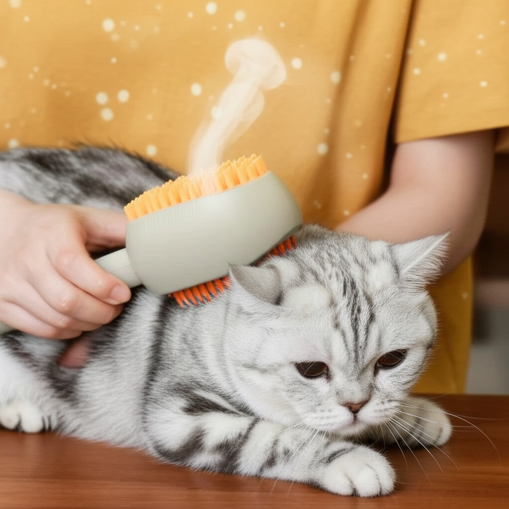Cepillo de vapor para gatos en uso