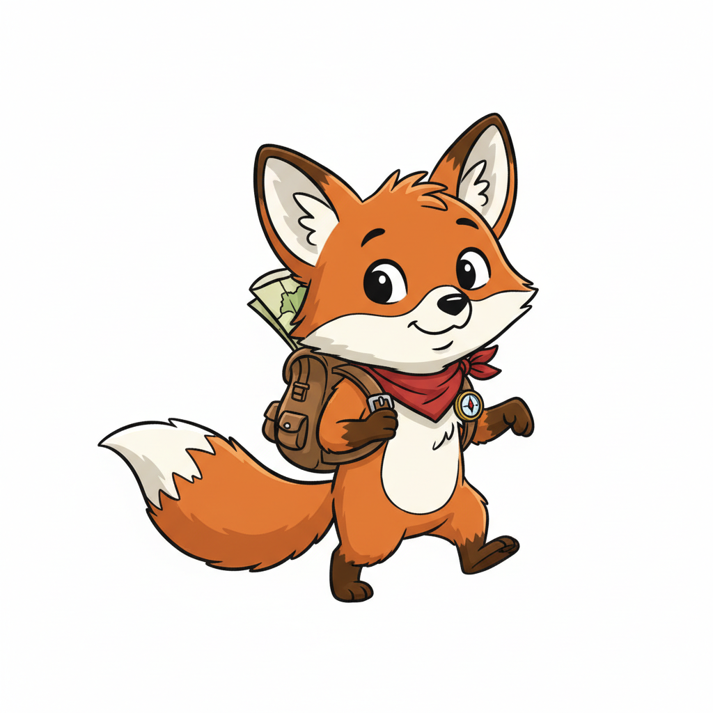 A cartoon-style adventurous fox named Finn, with a curious expression, wearing a small leather backpack. White background.