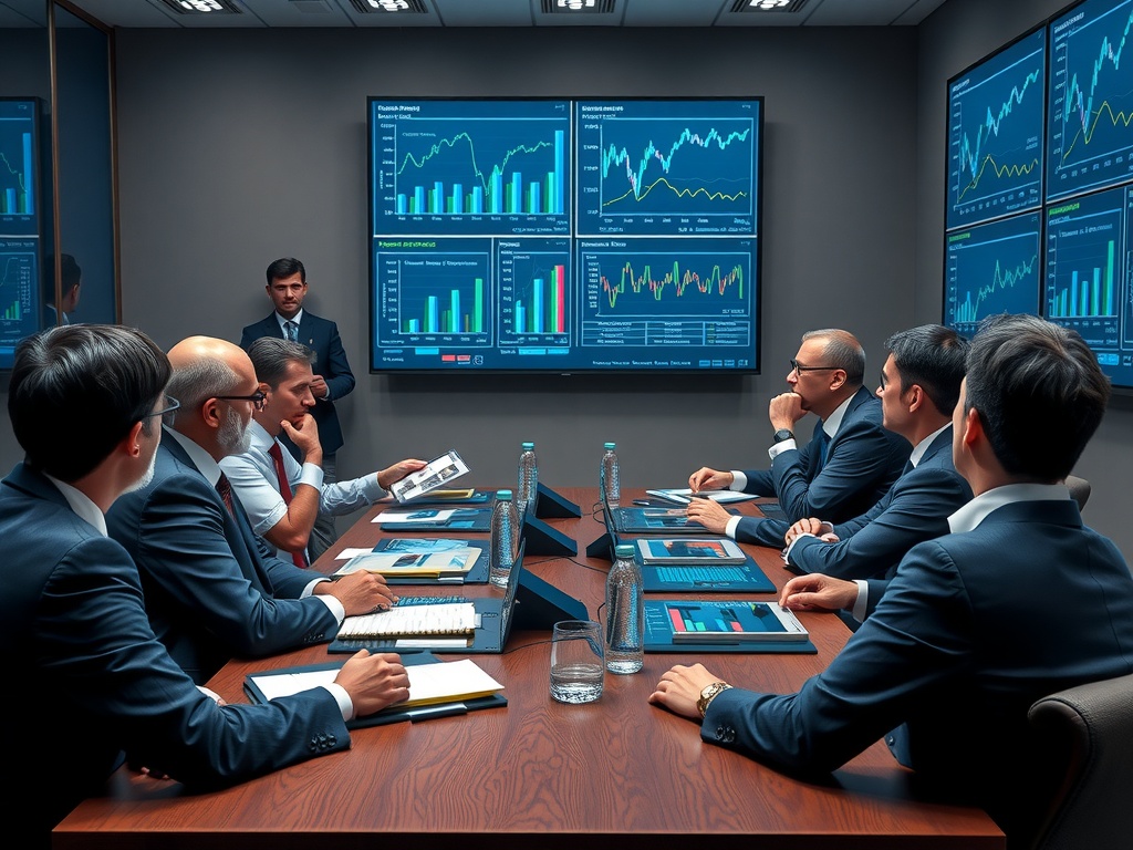 گروهی از مدیران مالی و رگولاتورها در جلسهای درباره سازگاری بلاکچین و توکنیزاسیون دارایی بحث میکنند، با نمودارها و دادهها روی صفحهنمایشها. واقعگرایانه، با کیفیت بالا.