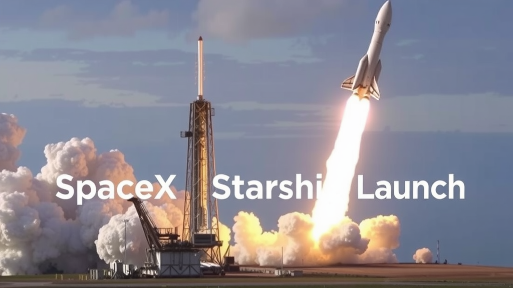 A realistic, high-quality image of the SpaceX Starship Launch, showing the massive rocket ascending with fiery exhaust against a clear sky.