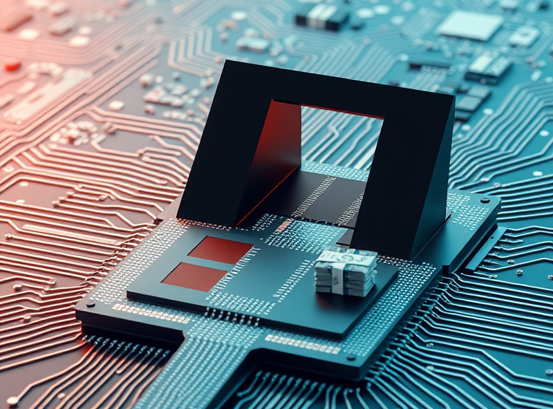 A new path opening up on a giant semiconductor chip, with bundles of money moving along the path. Represent technological advancement and future value. Precise and futuristic feeling.