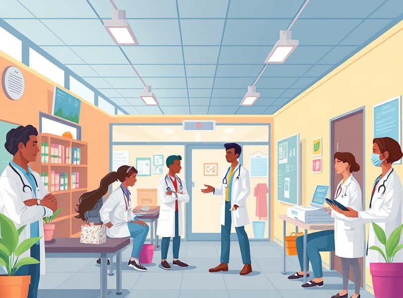 In a busy health clinic, a caring nurse holds a child's hand gently, offering comfort and support, embodying the compassionate spirit of public healthcare administration.