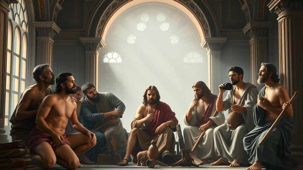 경제적 문제와 신앙 응용을 묘사한 종교적 장면