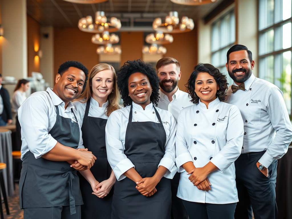 A diverse group of professional hospitality staff, including chefs, servers, and managers, standing together.
