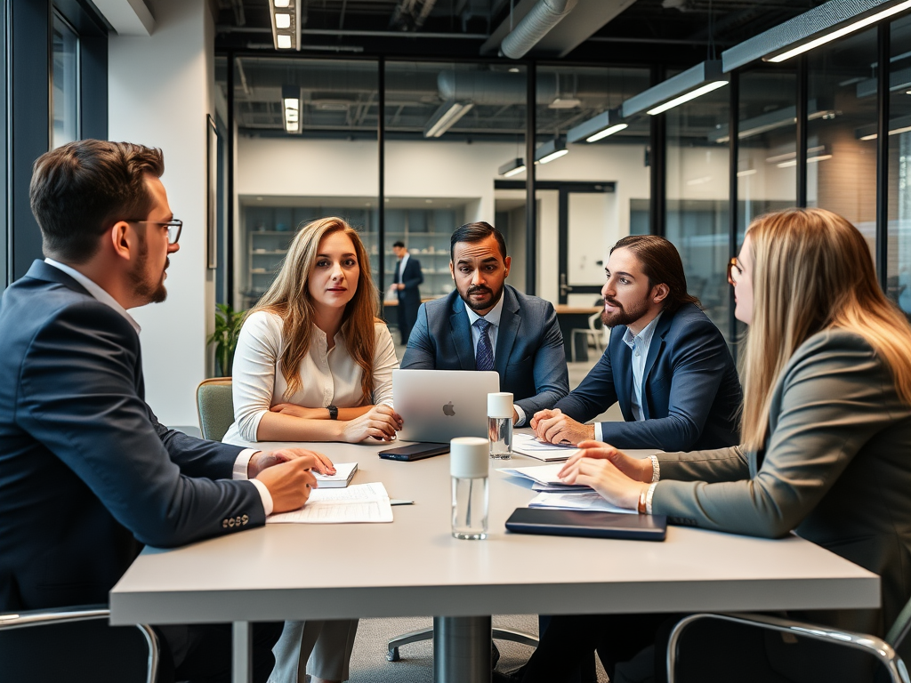 Professional recruitment team meeting with business clients in a modern London office, discussing temp staffing solutions