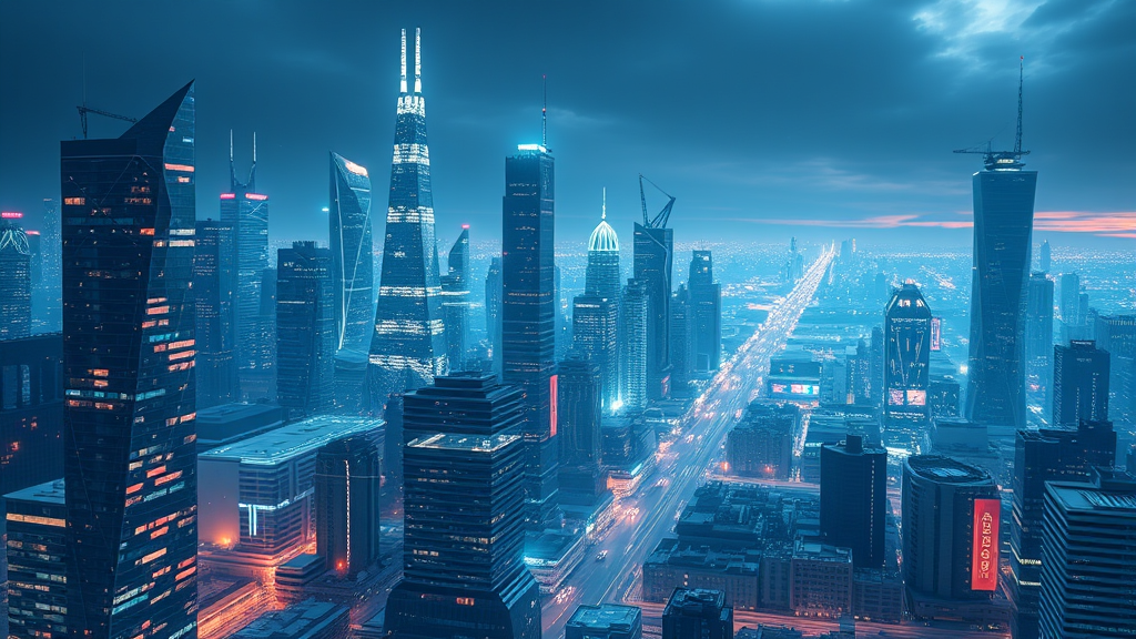 تصویری از یک شهر آینده‌نگر با جریان‌های داده درخشان که هوش مصنوعی را نشان می‌دهد، نمایانگر آخرین اخبار تکنولوژی