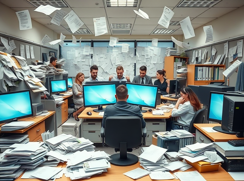A jumbled office scene with papers strewn about, employees looking perplexed, and technology failing to cooperate, capturing the essence of a failed productivity experiment in a humorous light.