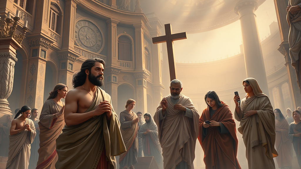 기술혁신과 사회적 기여를 표현한 비유적 장면