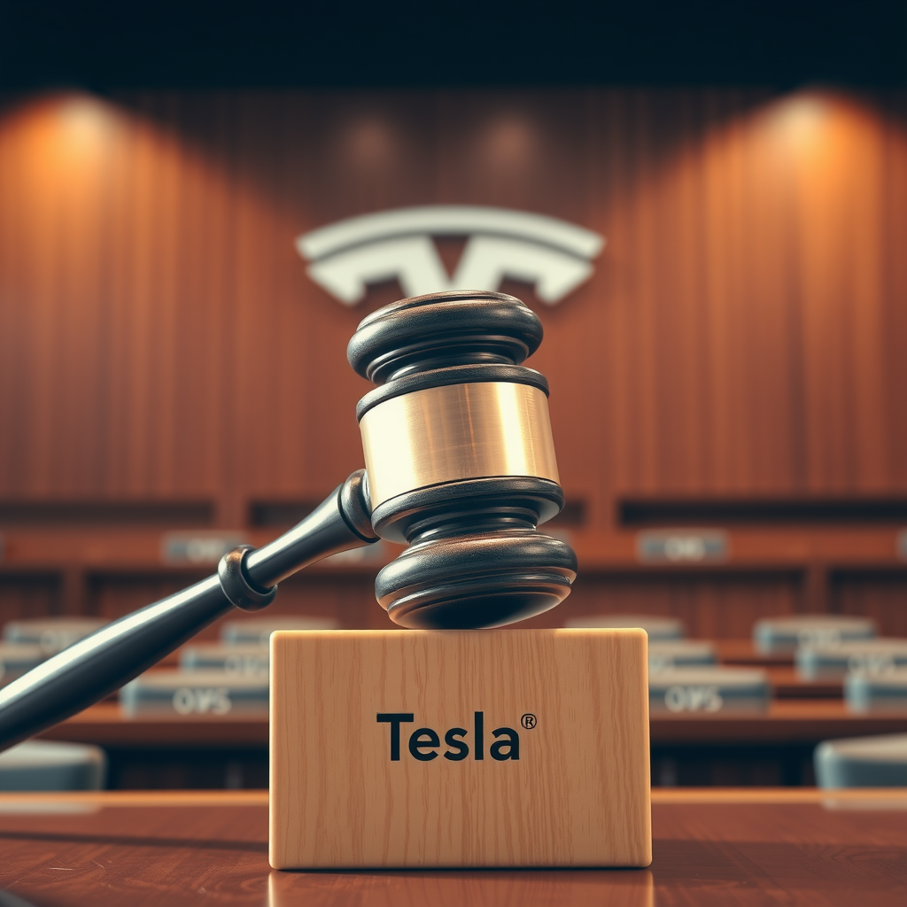 A gavel striking a sound block in a courtroom, with the Tesla logo subtly in the background, symbolizing legal judgment in the auto industry.