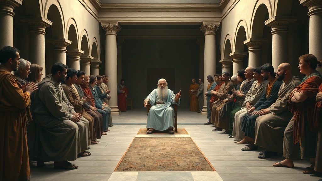 고전적 건축 안뜰에 모인 사람들