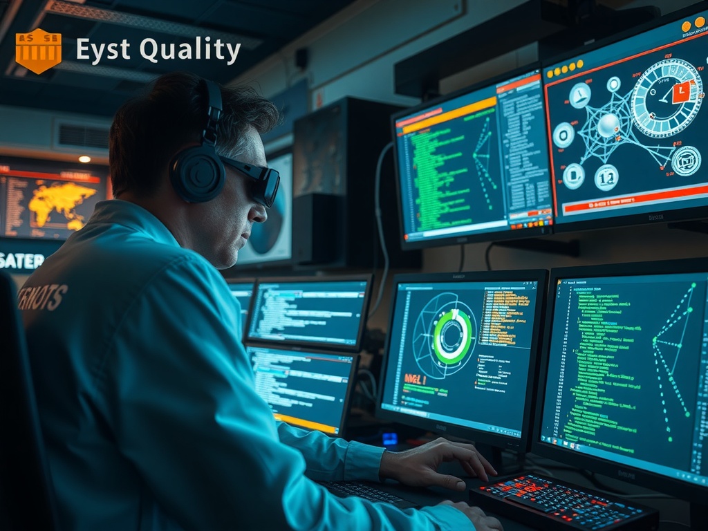 یک کارشناس امنیت سایبری که در حال کار بر روی یک سیستم ماهواره‌ای امن است، با خطوط کد و نمودارهای شبکه قابل مشاهده در چندین صفحه نمایش، نشان‌دهنده امنیت و تمرکز بالا در فناوری فضایی.