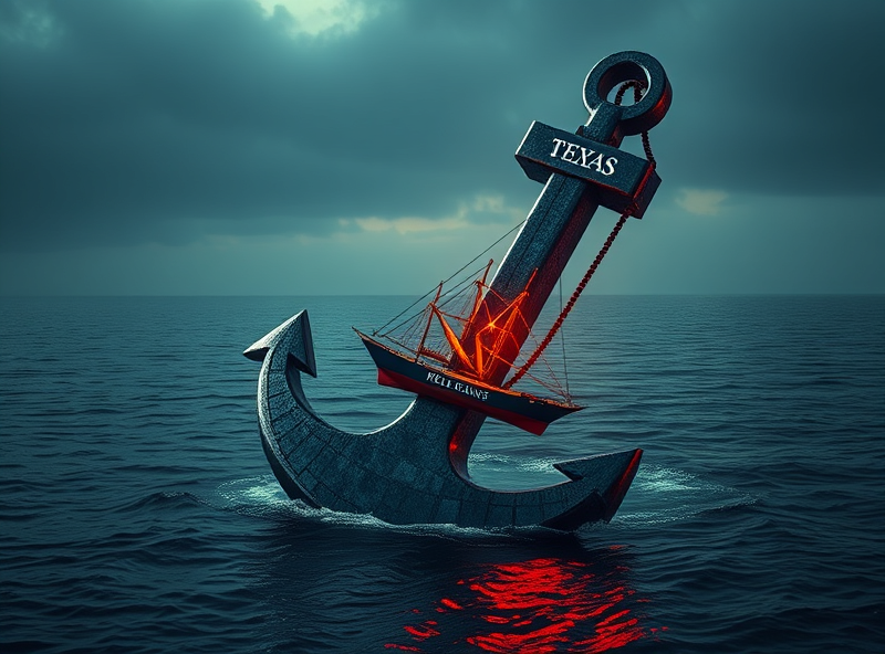 A giant anchor made of analog and embedded chips, with the Texas Instruments logo. The anchor is firmly holding a ship (representing an investment portfolio) in place in a calm sea of money. Represent the giant's stability and solid investment. Robust and reliable feeling.