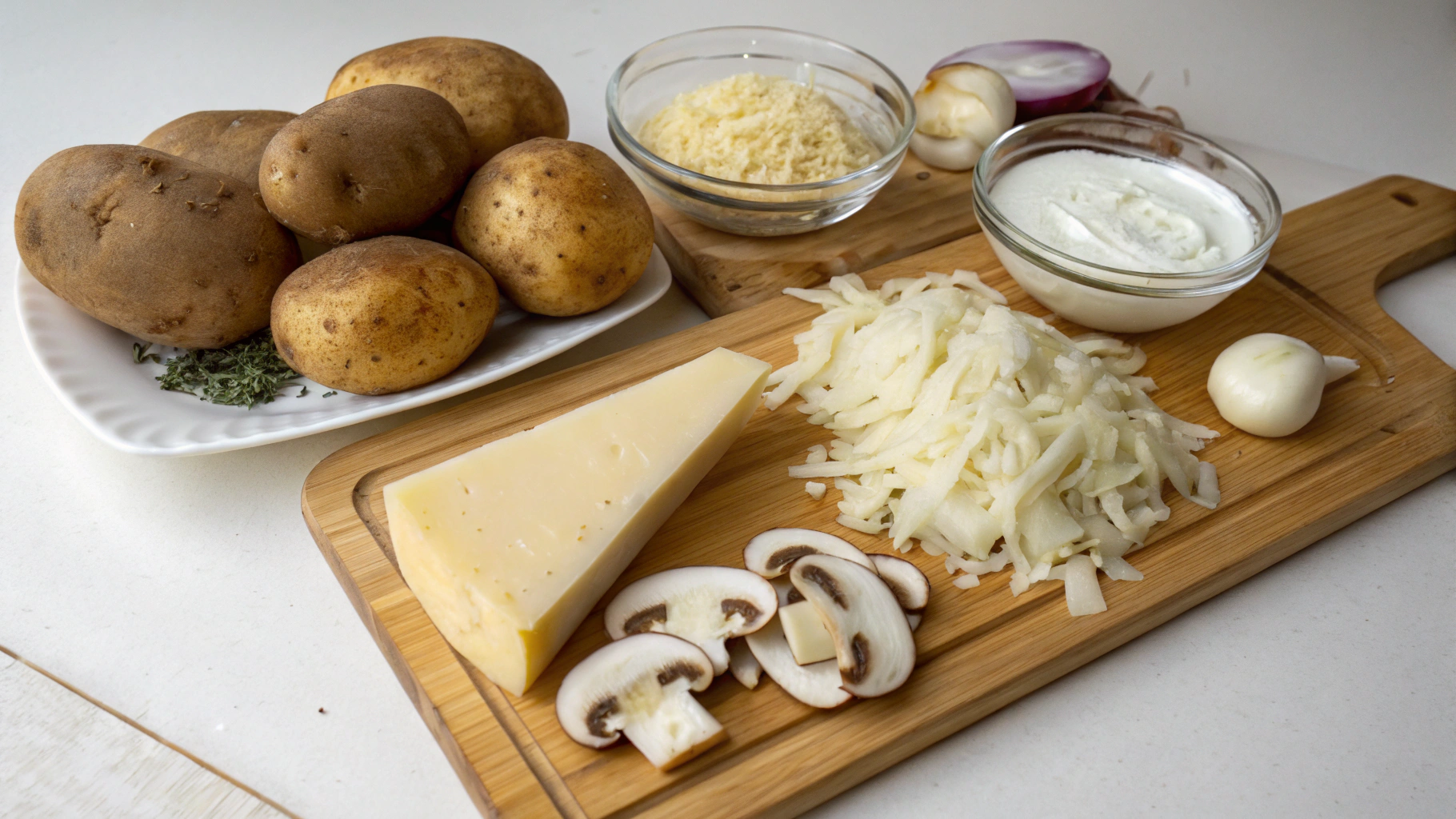 Pierogi Ruskie ingredients laid out on a wooden table