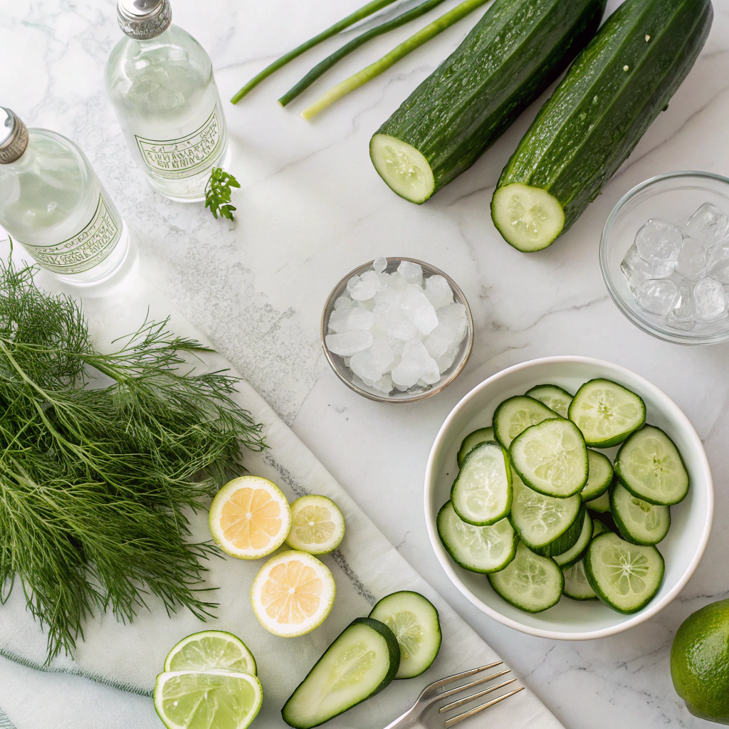 Easy Cucumber Mocktails With Dill: 7 Refreshing Recipes 5 Fresh ingredients for cucumber dill mocktails including cucumbers and herbs