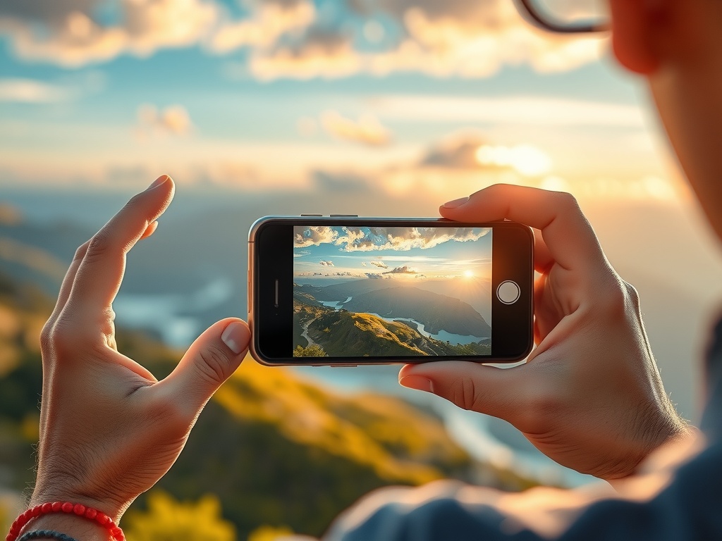 یک فرد در حال عکاسی موبایل از منظره‌ای خیره‌کننده با گوشی هوشمند خود، با تمرکز بر جنبه عکاسی موبایل و رنگ‌های زنده.