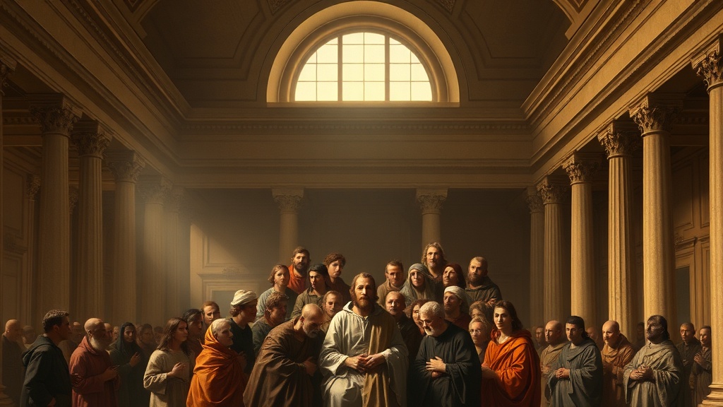 르네상스풍 홀에서 결단하는 인물과 주변의 토론하는 사람들