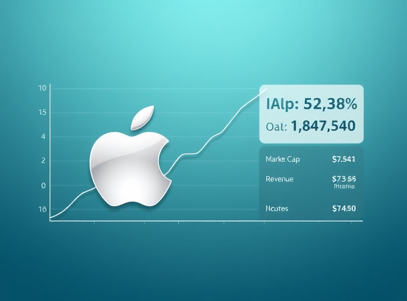 A clean, modern graphic illustrating Apple's financial strength. Feature a stylized upward-trending stock chart with the Apple logo subtly integrated. Include key financial metrics like Market Cap, Revenue, and Net Income displayed in an easy-to-read format next to the chart. Use a color palette that feels trustworthy and prosperous, like blues, greens, and silvers. The overall style should be professional and data-focused, suitable for a financial blog.