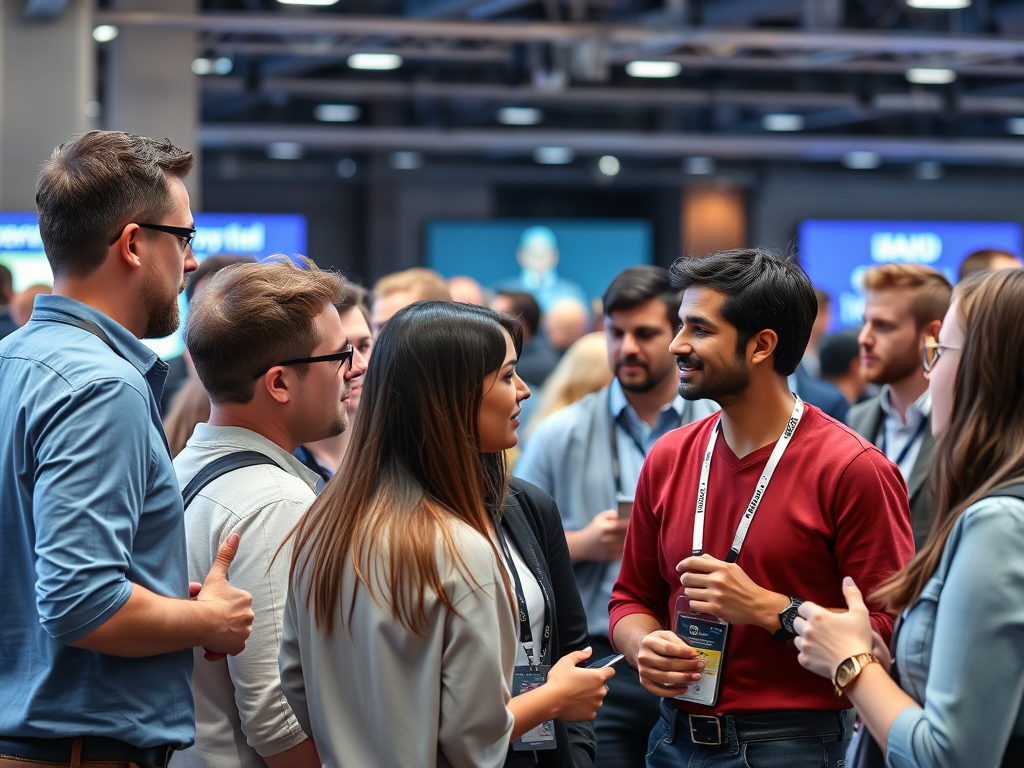 گروهی از بنیانگذاران استارتاپ و سرمایه گذاران خطرپذیر در حال شبکه سازی در یک کنفرانس فناوری، نشان دهنده نوآوری و همکاری. realistic, high-quality