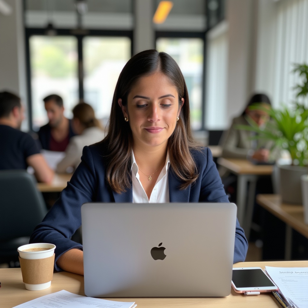 Caro Next focused on laptop in modern office attire