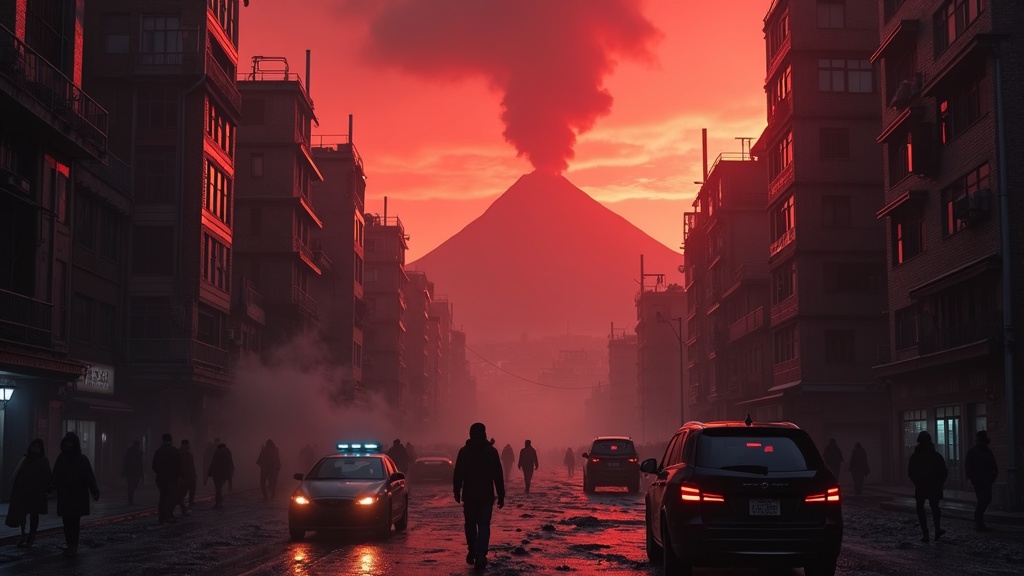 Visualización de la IA para la prevención de desastres naturales: ceniza volcánica del Monte Fuji cubriendo una ciudad como Tokio.
