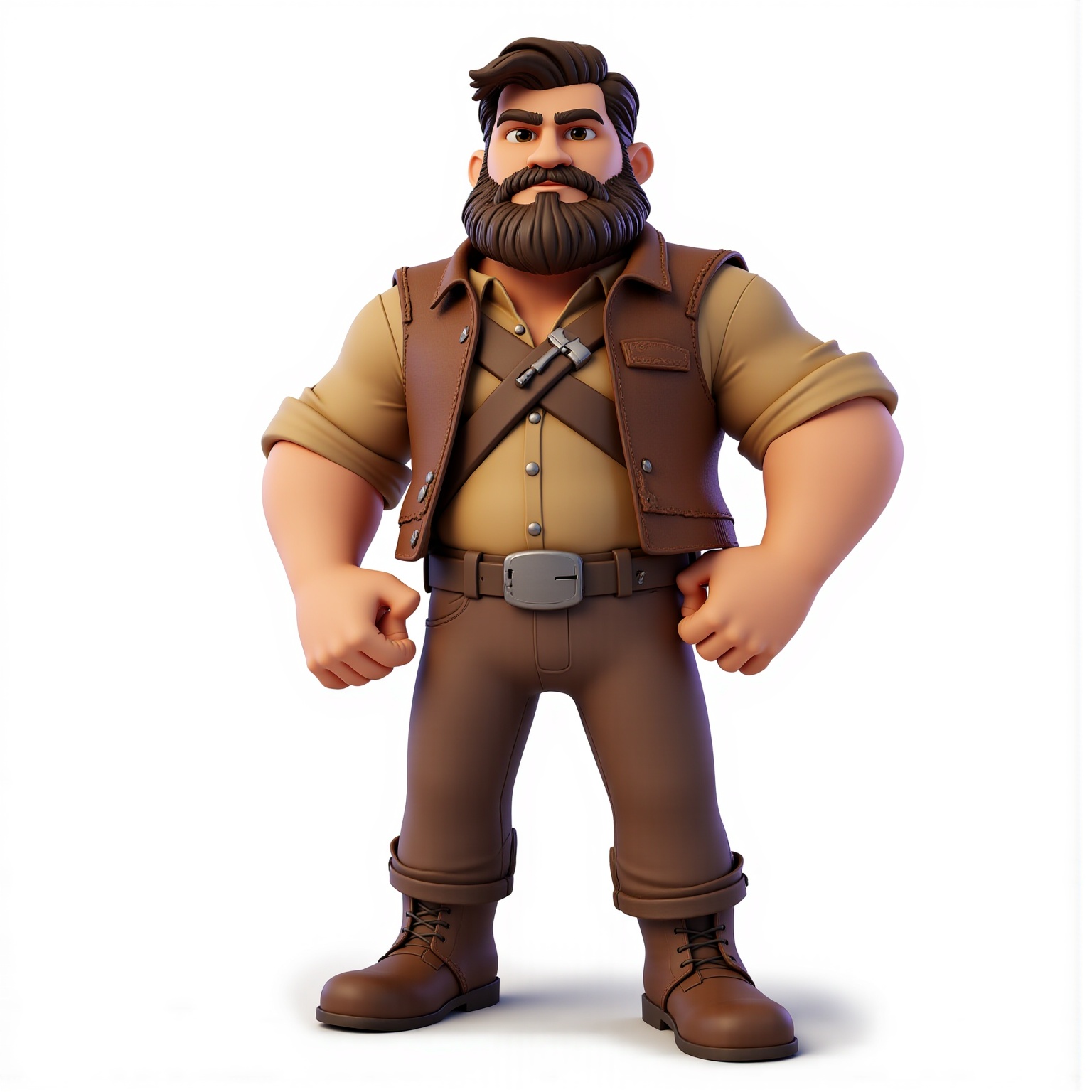 Prompt: A full-body illustration of 3D cartoon male adventurer f5d3333b with brown hair, thick beard, wearing a beige shirt and brown vest, muscular build, standing confidently in the center of the frame. The character is depicted with a dynamic pose, arms relaxed at their sides, exuding a sense of adventure and readiness. The white background enhances the high-quality details of the character's design, showcasing vibrant colors and intricate textures. Subtle shadows beneath the character ground them in the scene, adding depth and dimension. The lighting is bright and even, highlighting the features and contours of 3D cartoon male adventurer f5d3333b, ensuring a striking and visually appealing presentation.