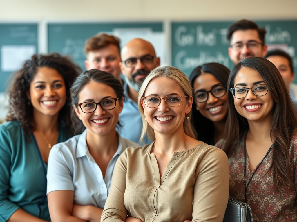 A diverse group of smiling teachers in a classroom setting, showcasing a positive learning environment.