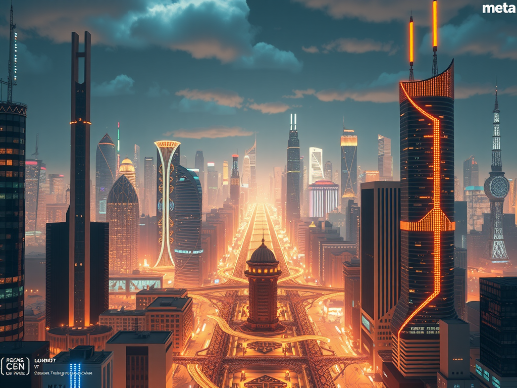 A futuristic cityscape with glowing data streams, representing the metaverse and Meta's focus on new, impactful VR projects. The image should convey innovation and forward-thinking, in a realistic and high-quality style.