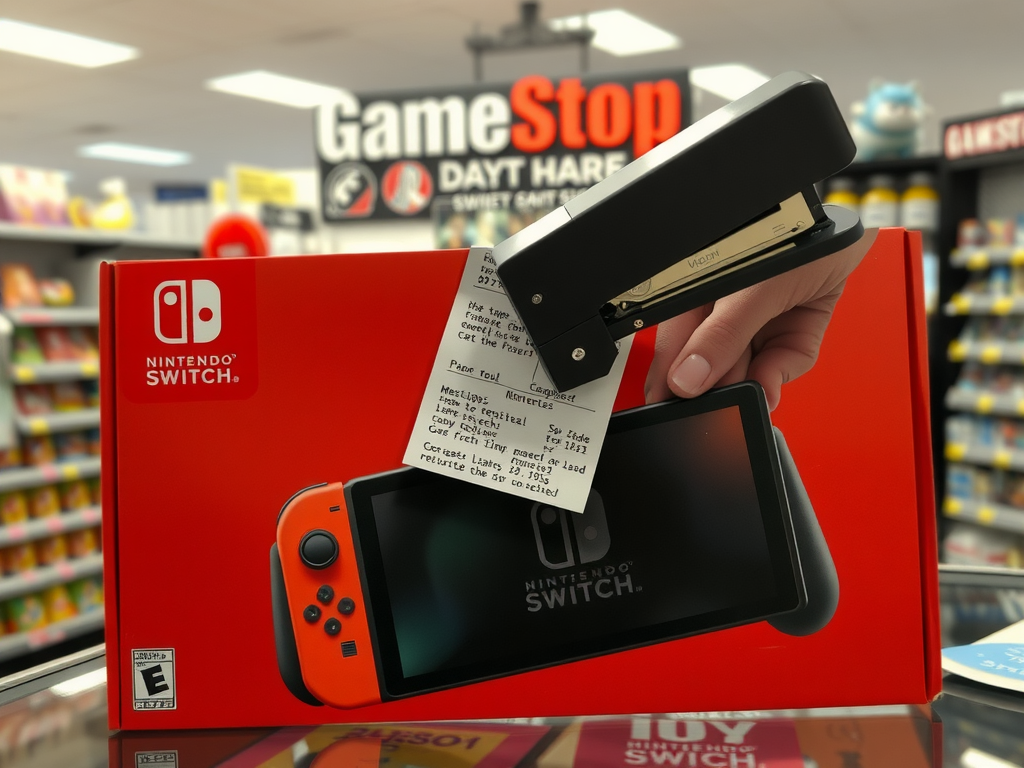 تصویری واقع‌گرایانه و با کیفیت از قفسه‌های خالی یک فروشگاه گیم‌استاپ که نشان‌دهنده کمبود کنسول‌های نینتندو سوییچ ۲ است، با چند مشتری ناامید در پس‌زمینه. نورپردازی نشان‌دهنده محیط فروشگاه بازی‌های ویدیویی است.