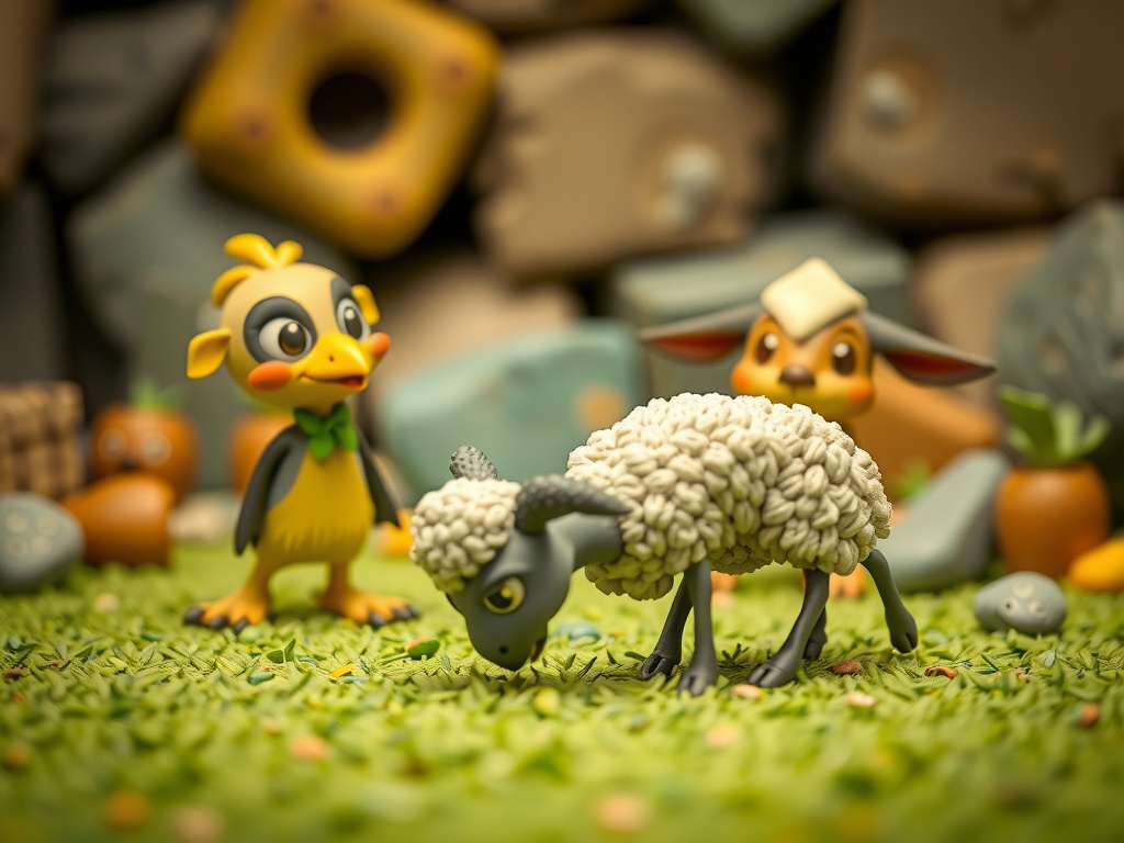 Aardman style stop-motion animation of Sirfetch'd and Pichu in a whimsical, slightly chaotic setting, with a Wooloo grazing calmly in the foreground. Emphasize the unique claymation texture and playful character designs. Realistic, high-quality. نمایش جدید سرگرمی