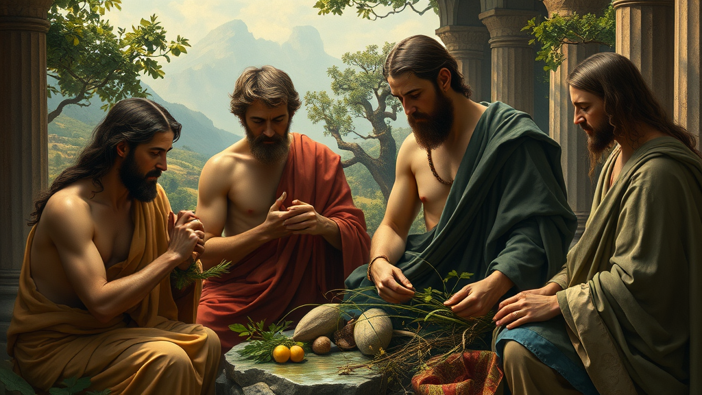 자연과 인류의 조화, 환경 관리에 대한 비유적 종교적 장면