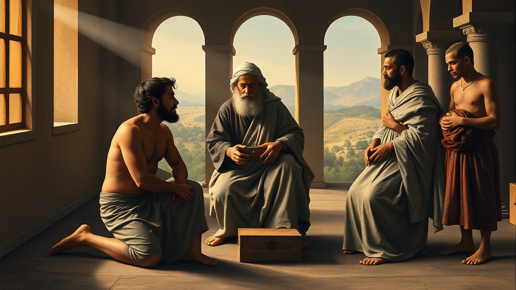 중세 풍의 인물들이 도덕적 책임과 회복을 상징하는 장면을 담은 르네상스 풍의 그림