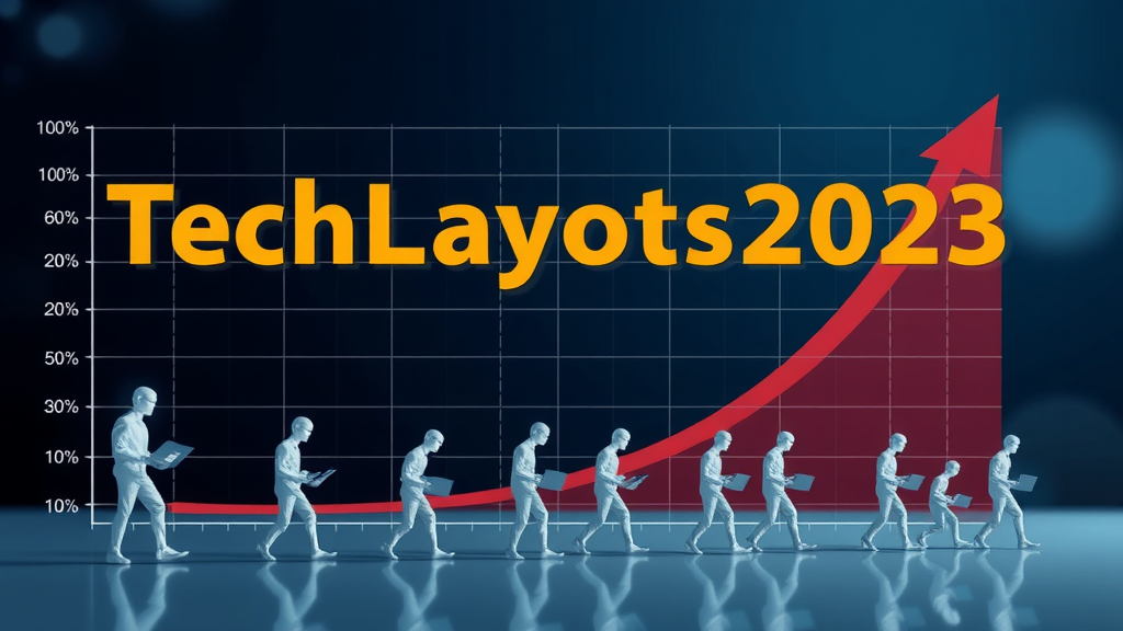 نموداری واقع‌گرایانه و با کیفیت بالا که روند نزولی اشتغال در فناوری را نشان می‌دهد، با اشکال انتزاعی که نمایانگر کارمندان تعدیل شده هستند و مقیاس TechLayoffs2023 را نمادین می‌کنند.