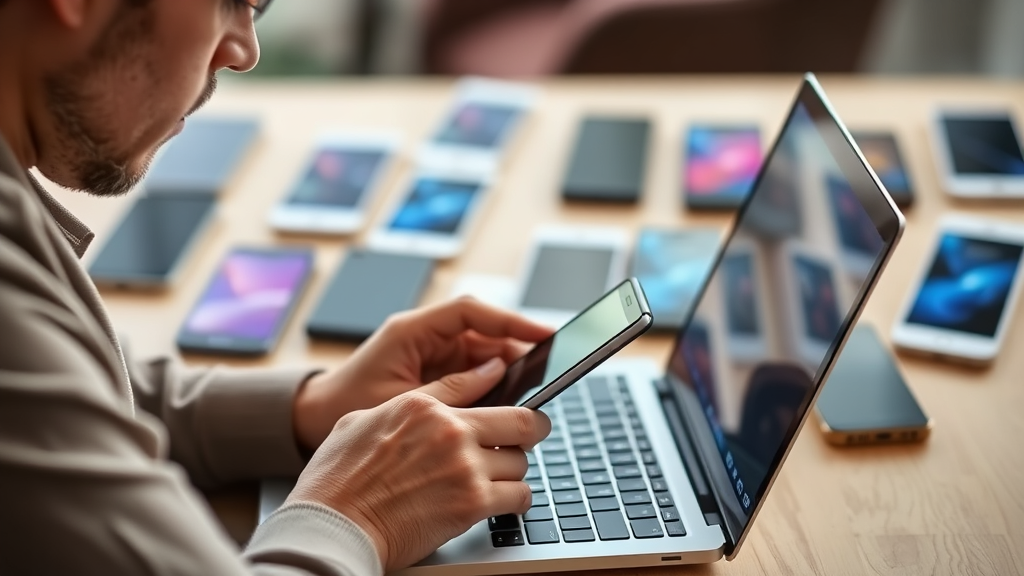 A person diligently researching mobile phone reviews on a laptop, with various smartphone models subtly blurred in the background, conveying a sense of informed choice through mobile phone reviews.