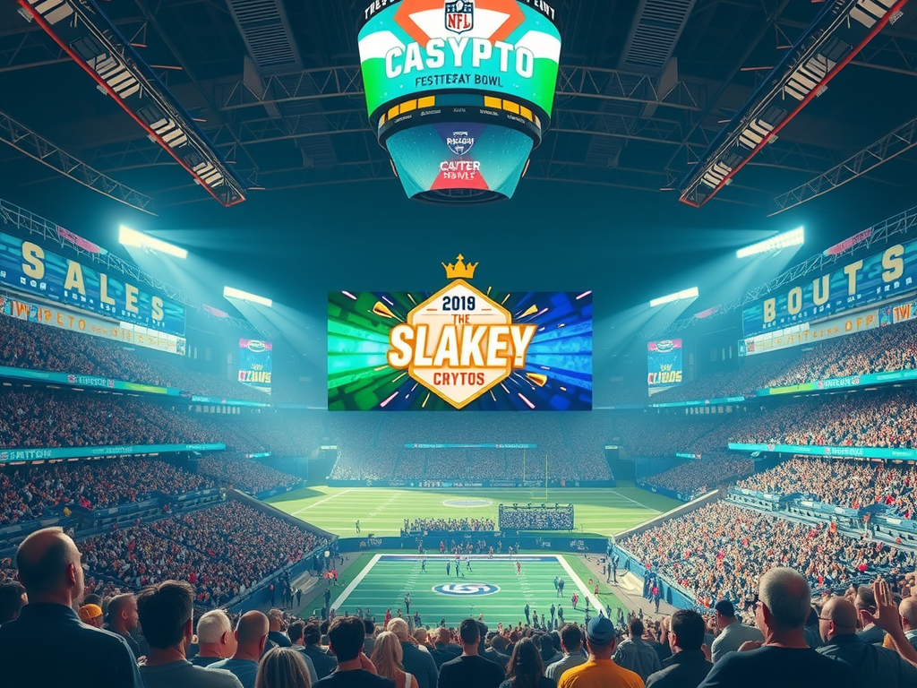 A vibrant, energetic scene inside a stadium during the Super Bowl, with a large screen showing a flashy crypto advertisement. The crowd is engaged, and the overall atmosphere is one of excitement and innovation, contrasting with the current absence of Super Bowl crypto ads.