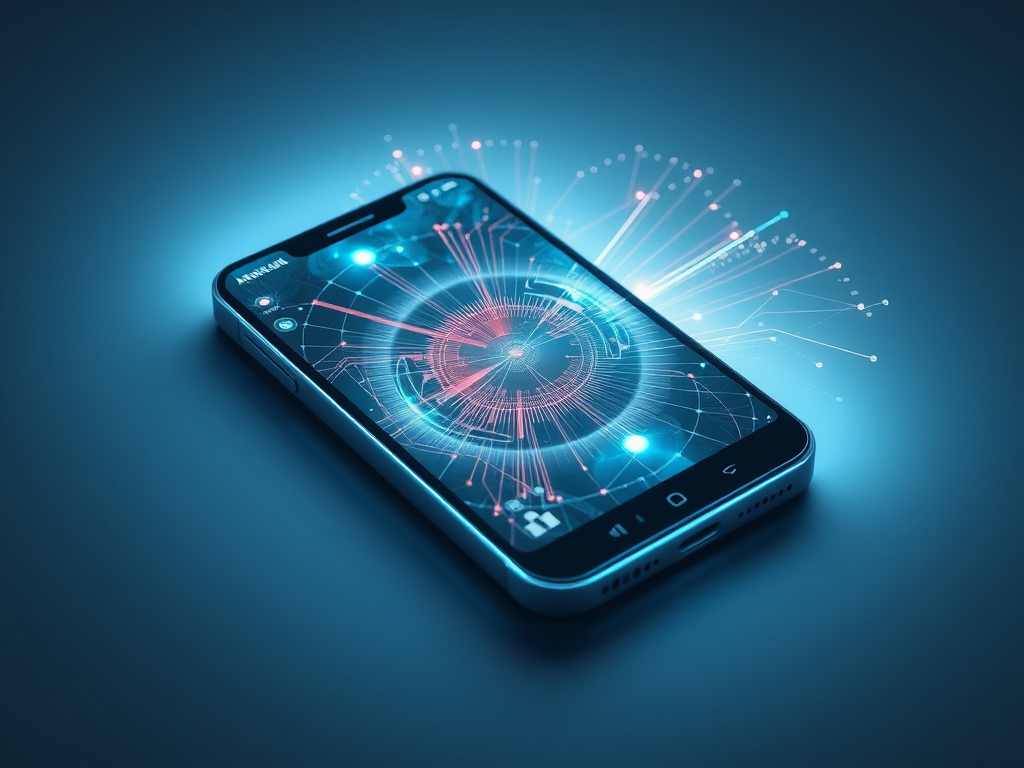تصویر یک گوشی هوشمند مدرن که قابلیت‌های هوش مصنوعی مولد را با الگوهای نوری انتزاعی از صفحه نمایش نشان می‌دهد، اخبار گوشی هوشمند را منعکس می‌کند.