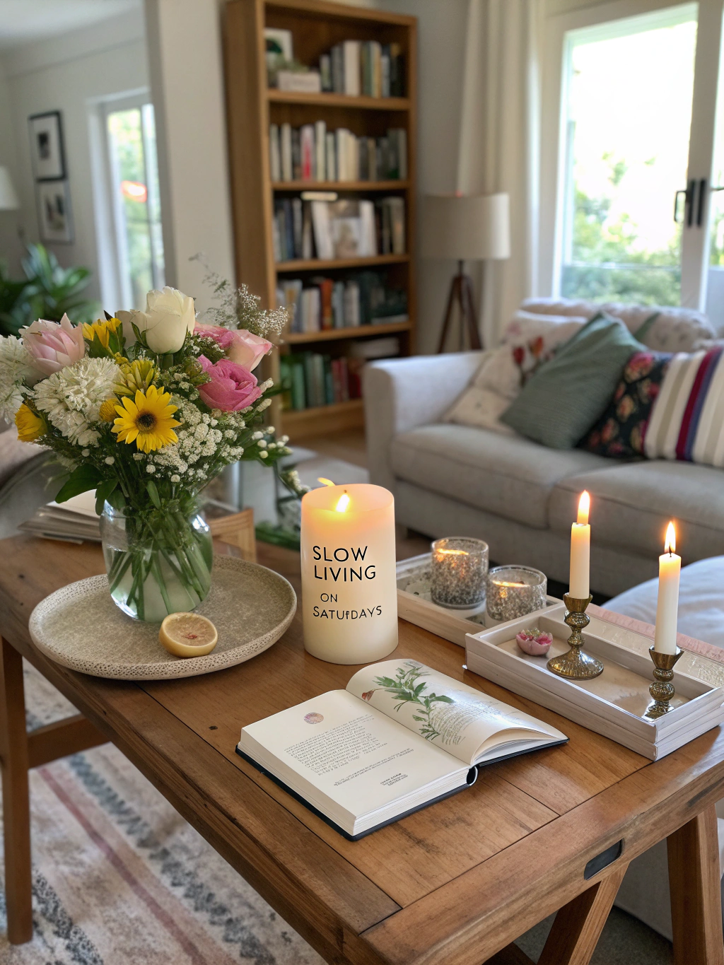 Woman practicing mindful morning ritual with tea and sunrise view