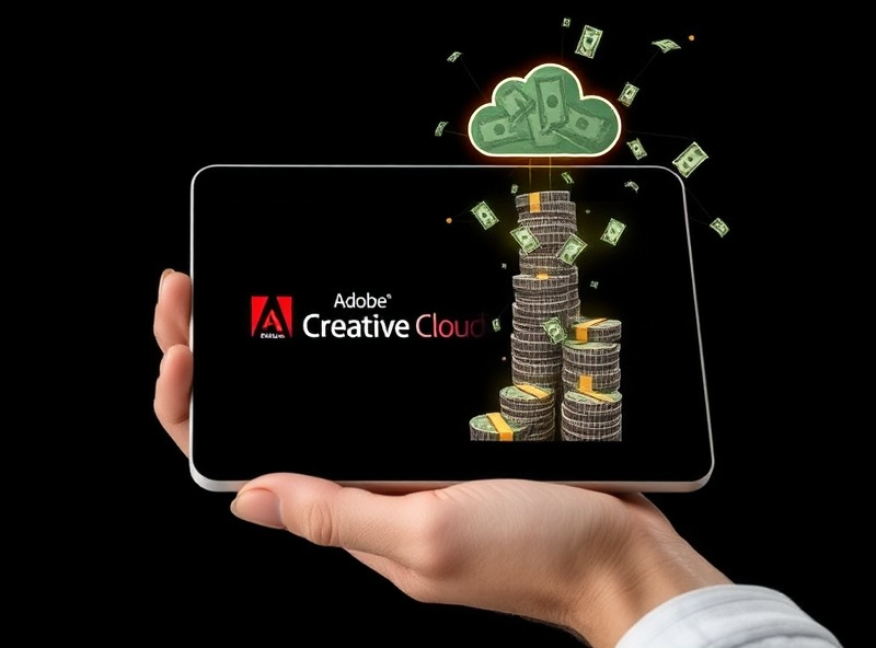 A hand holding a tablet displaying the Adobe Creative Cloud interface. Digital money symbols are flowing from the screen, building a structure of wealth. Represent creative technology and smart investment. Modern and innovative feeling.