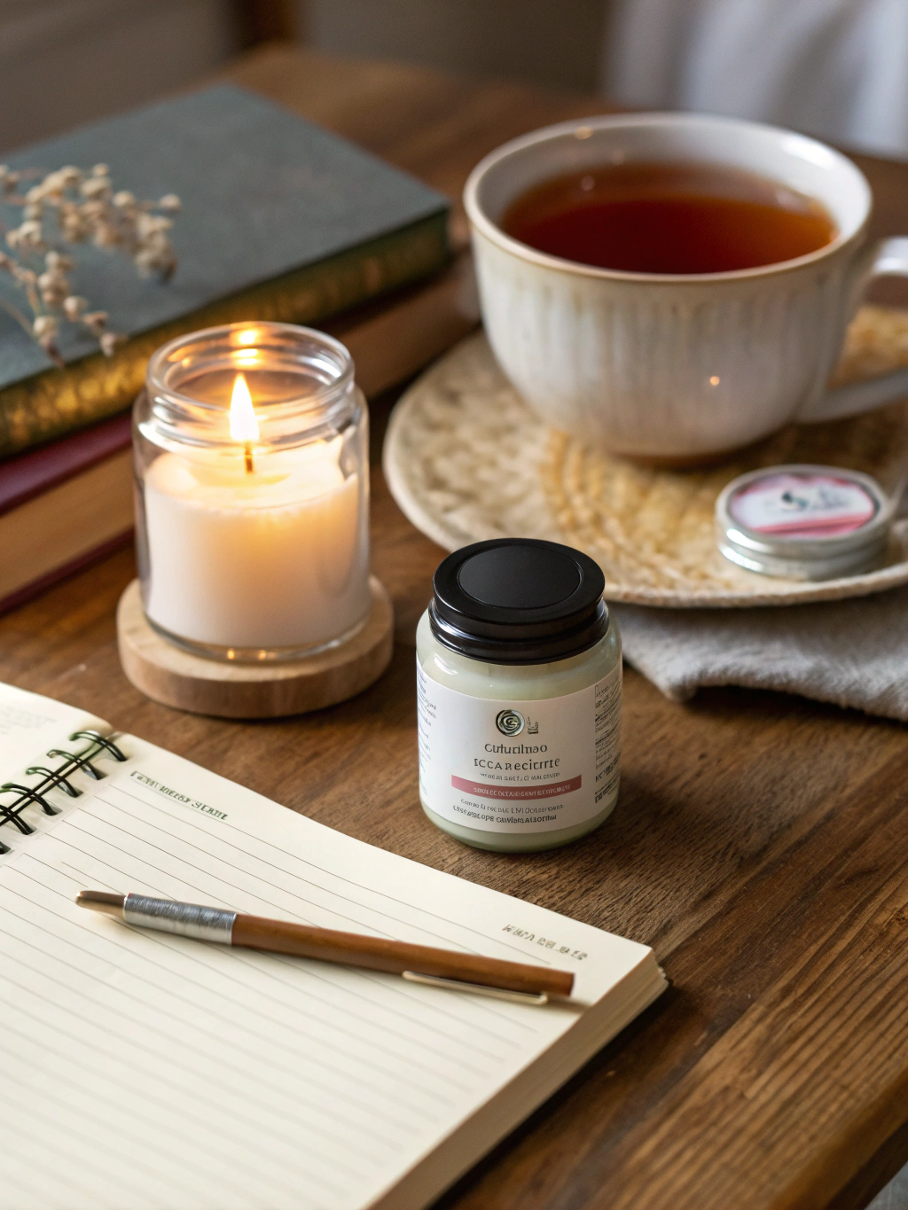 Self-care ingredients including journal, candle, essential oils, and comfortable cushion arranged on a soft blanket