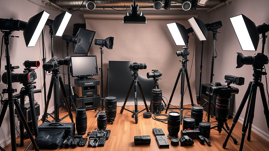 یک استودیوی عکاسی حرفه‌ای با انواع دوربین‌ها، لنزها، تجهیزات نورپردازی و سه‌پایه‌ها که طیف متنوعی از تجهیزات عکاسی را به نمایش می‌گذارد.