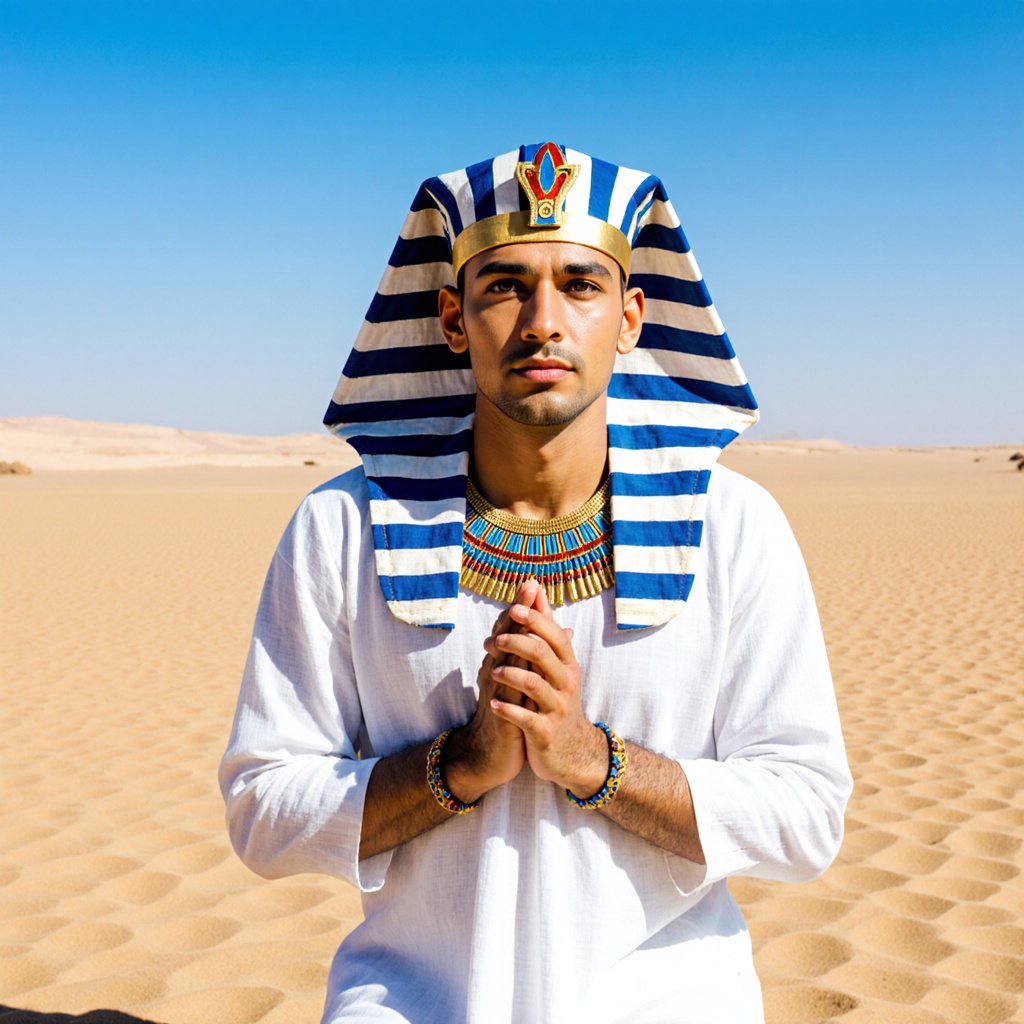 A man dressed in ancient Egyptian attire, kneeling