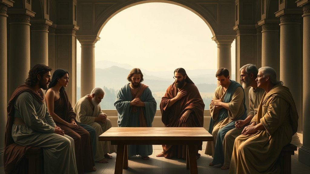 고전적 실내에서 사람들이 나무탁자에 둘러앉아 동전과 장부를 바라보며 책임을 논의하는 르네상스풍 장면