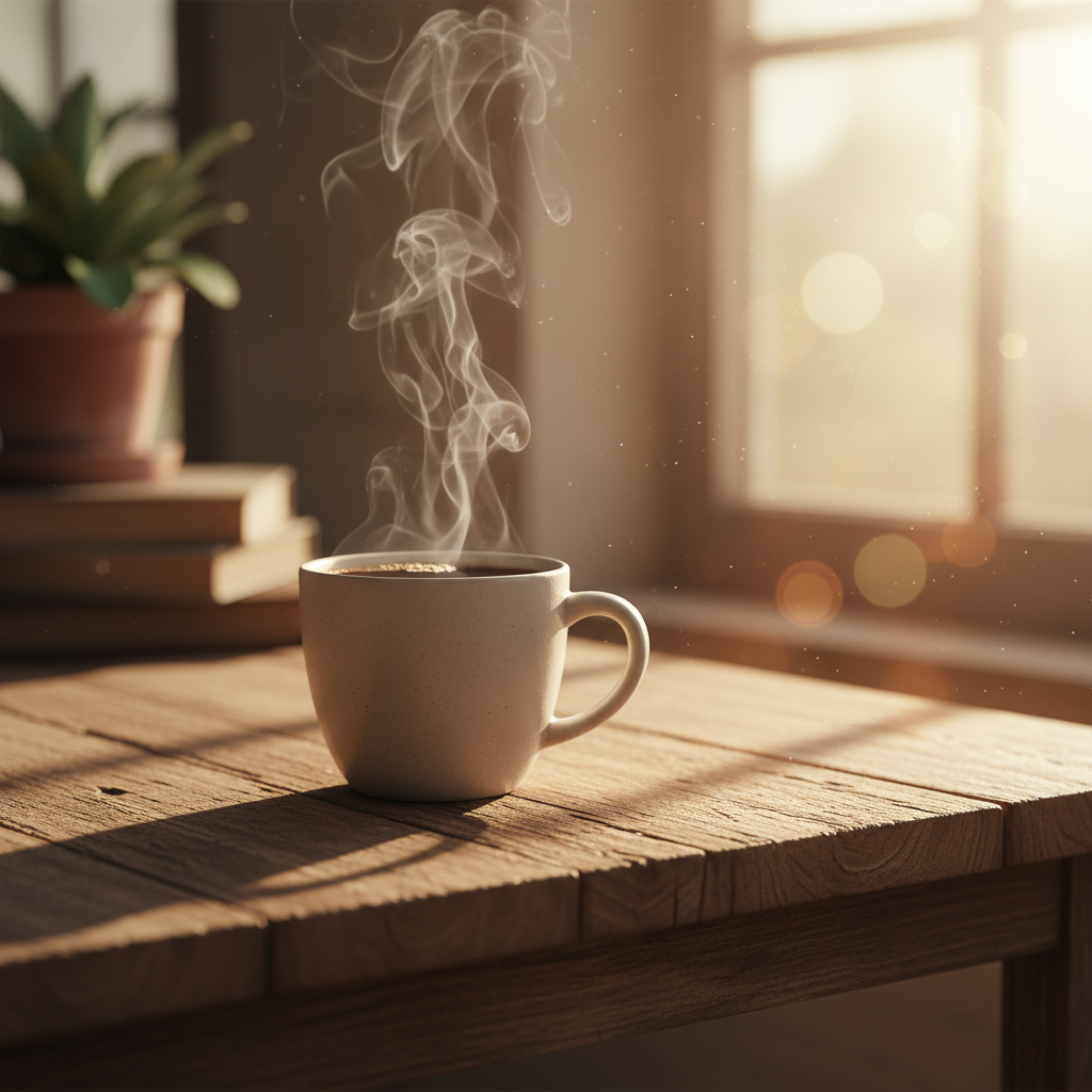 A photorealistic close-up shot of a steaming cup of coffee on a rustic wooden table
