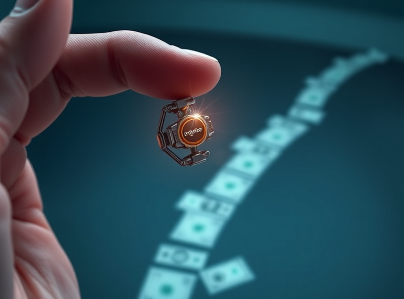 A hand holding a small, intricate robot part with the Intuitive Surgical logo. The part is shining brightly, and a path of money is leading from it into the distance, representing future investment. Represent the core technology and future potential. Detailed and forward-looking feeling.