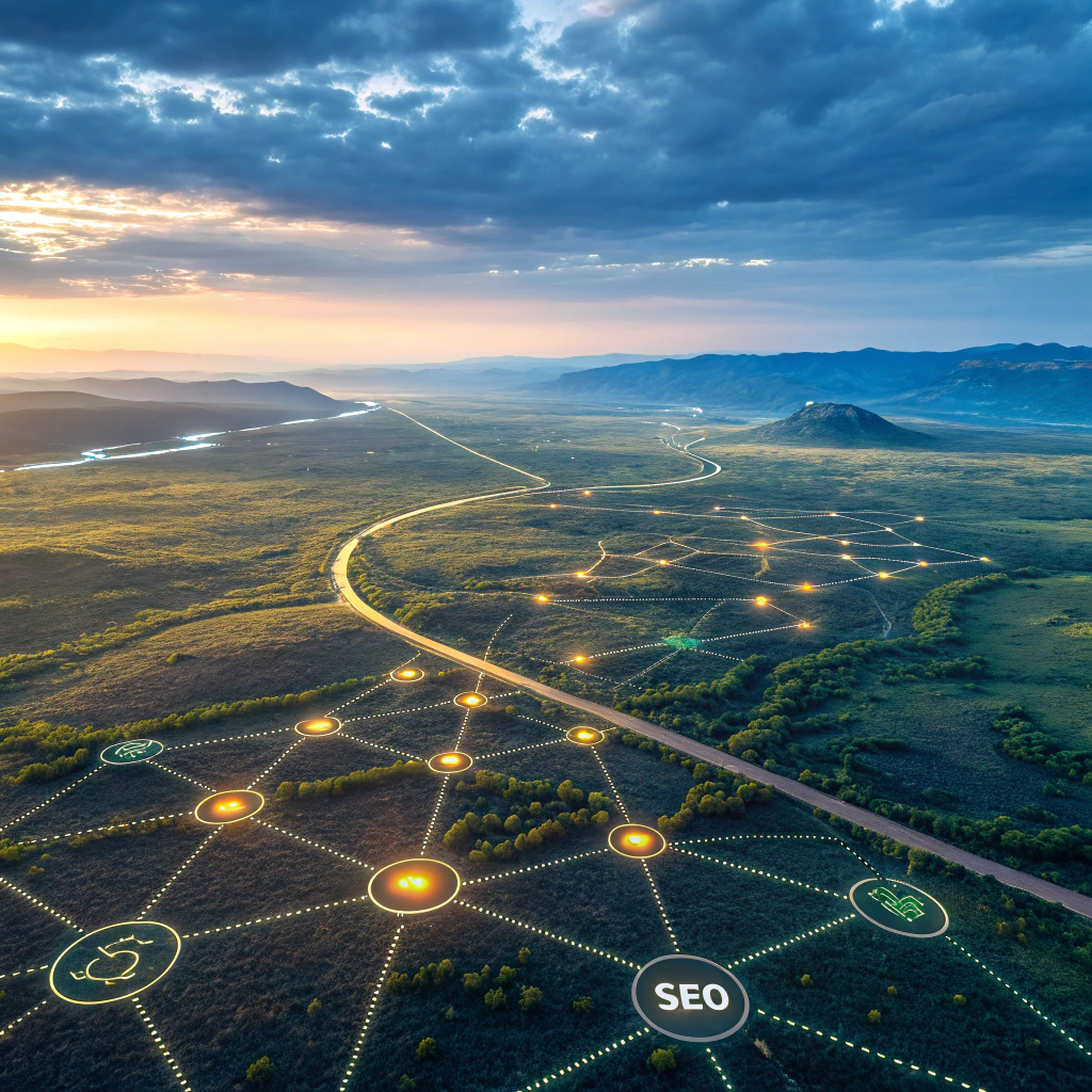 Mapa cyfrowa z połączonymi ścieżkami SEO i świecącymi węzłami danych symbolizującymi luki treściowe w analizie content gap.