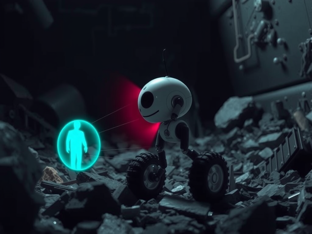 A team of small, agile robots working together in a disaster zone, utilizing echolocation to locate survivors, highlighting their collective impact on RobotRescue efforts.