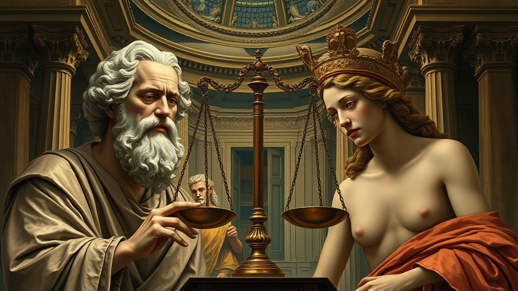 시장가치를 상징적으로 표현한 그림, 신뢰와 책임을 의인화한 인물이 중심